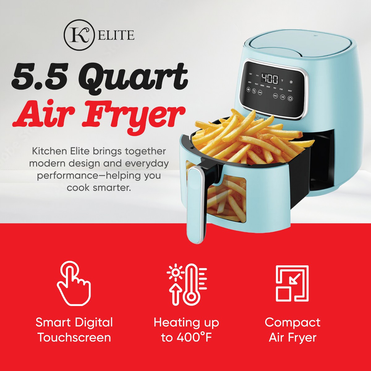Kitchen Elite 5.5 Qt Digital Air Fryer, 7-in-1 Small Airfryer, LED Screen, Blue - Additional view
