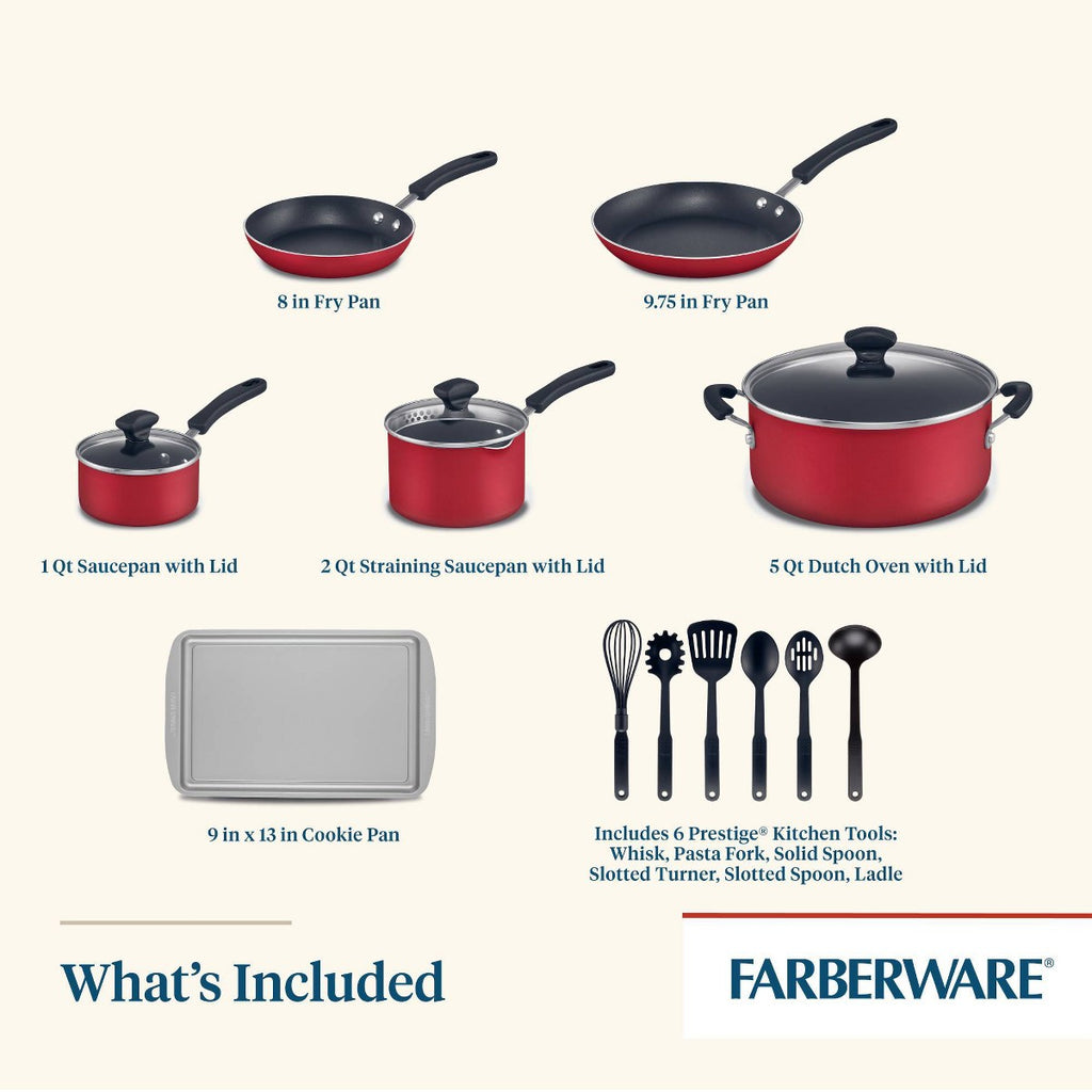 Farberware Cookstart 15pc Aluminum Nonstick Cookware Set with Prestige Tools Red: Gas & Electric Compatible, Oven-Safe - Additional view