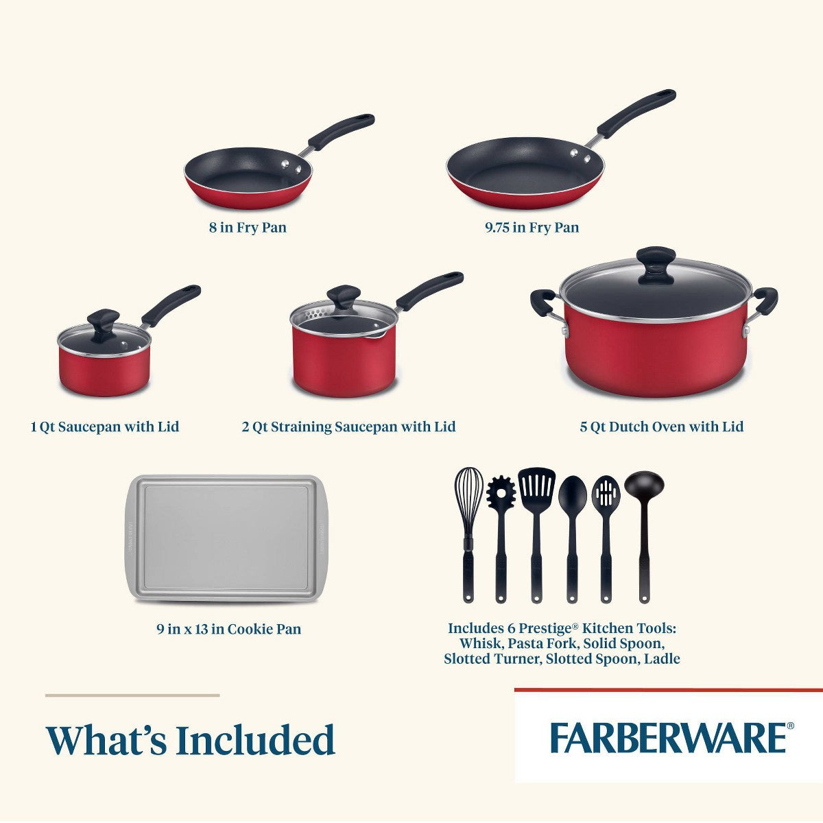 Farberware Cookstart 15pc Aluminum Nonstick Cookware Set with Prestige Tools Red: Gas & Electric Compatible, Oven-Safe - Additional view