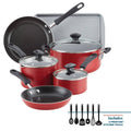 Farberware Cookstart 15pc Aluminum Nonstick Cookware Set with Prestige Tools Red: Gas & Electric Compatible, Oven-Safe