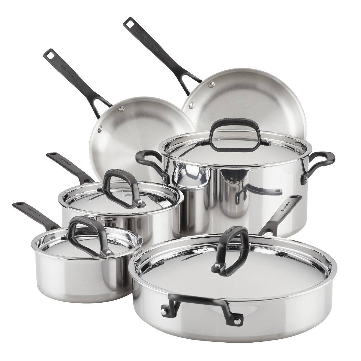 KitchenAid 5-Ply Clad Stainless Steel 10pc Cookware Set: Induction Safe, Even-Heating, Dishwasher-Safe, Riveted Handles