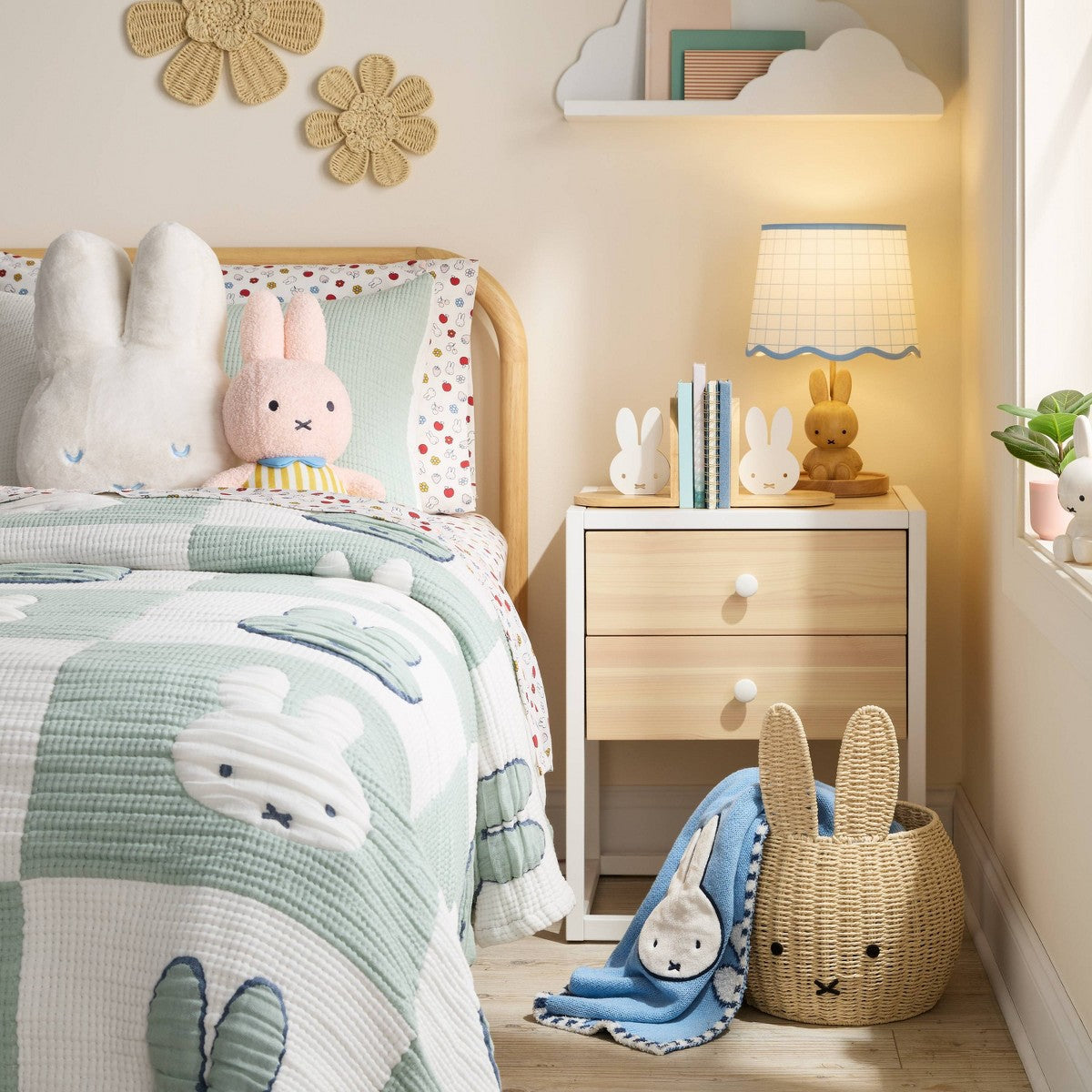 Miffy Wooden Kids' Table Lamp with Blue Grid Shade - Miffy by Pillowfort™ - Additional view