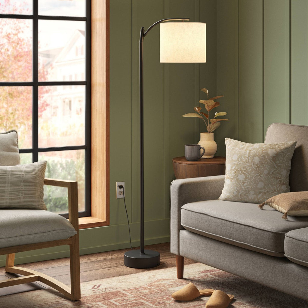 Downbridge Floor Lamp with Shade Black/Tan - Threshold™: Ambient Light, Metal Base, Linen Drum