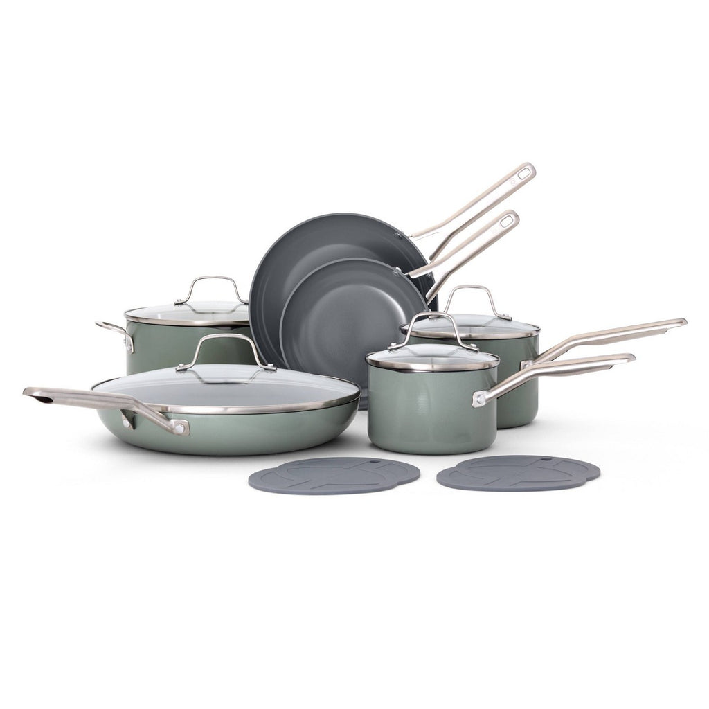 Calphalon 12pc Ceramic Cookware Set Silver Ash: Nonstick, Anodized Aluminum, Oven & Dishwasher Safe, Gas & Electric Compatible