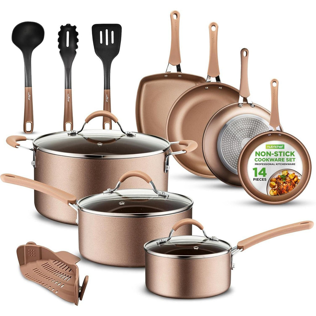 NutriChef 14-Piece Non-Stick Kitchen Cookware Set - Pots, Pans, and Kitchen Tools with Silicone Strainer (NCCW14S)