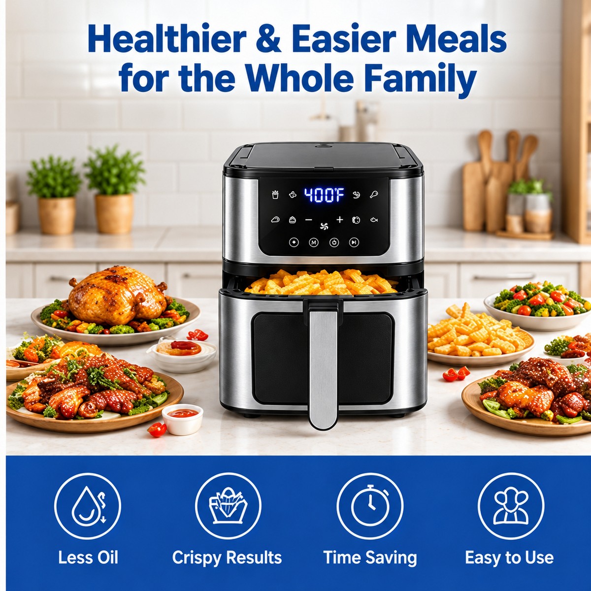 Clearance - 7.5QT Air Fryer with Grill, 8-in-1 Digital Cooking, Touch Screen, Viewing Window, Nonstick Basket, Interior Light, 100 Liners Included - Additional view