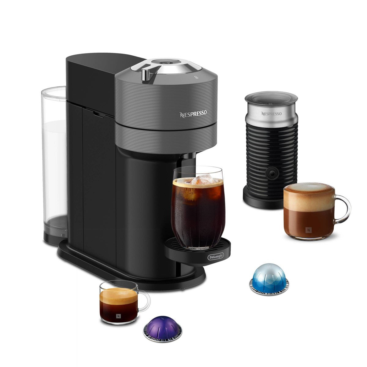 Nespresso Vertuo Next Coffee and Espresso Maker by DeLonghi with Milk Frother Gray: Includes 12 Capsules, Automatic Shut-Off