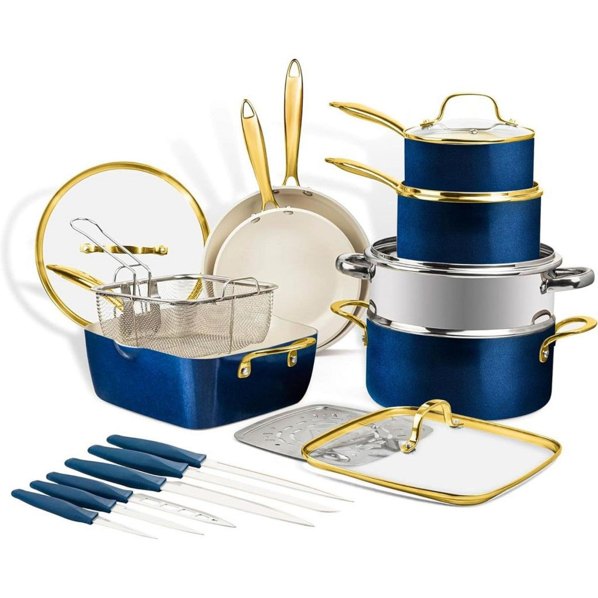 Gotham Steel 20 Pc Ceramic Pots and Pans Set Nonstick Ceramic Cookware Set with Nutriblade Knives