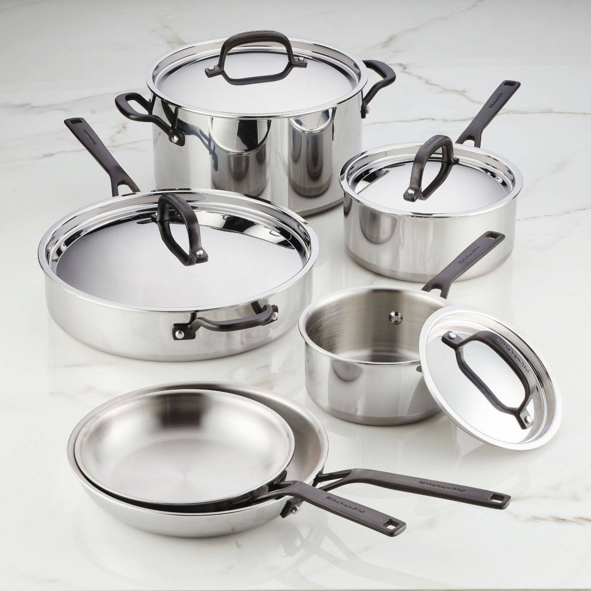 KitchenAid 5-Ply Clad Stainless Steel 10pc Cookware Set: Induction Safe, Even-Heating, Dishwasher-Safe, Riveted Handles - Additional view