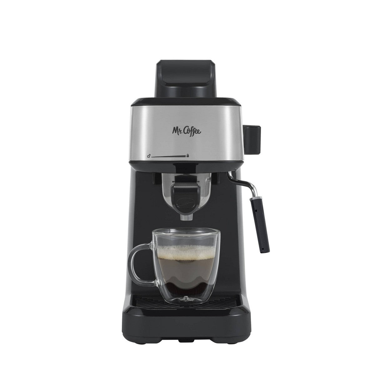 Mr. Coffee Steam Espresso Maker with Stainless Steel Frothing Pitcher: 900W Electric, 8-Cup Capacity, Black