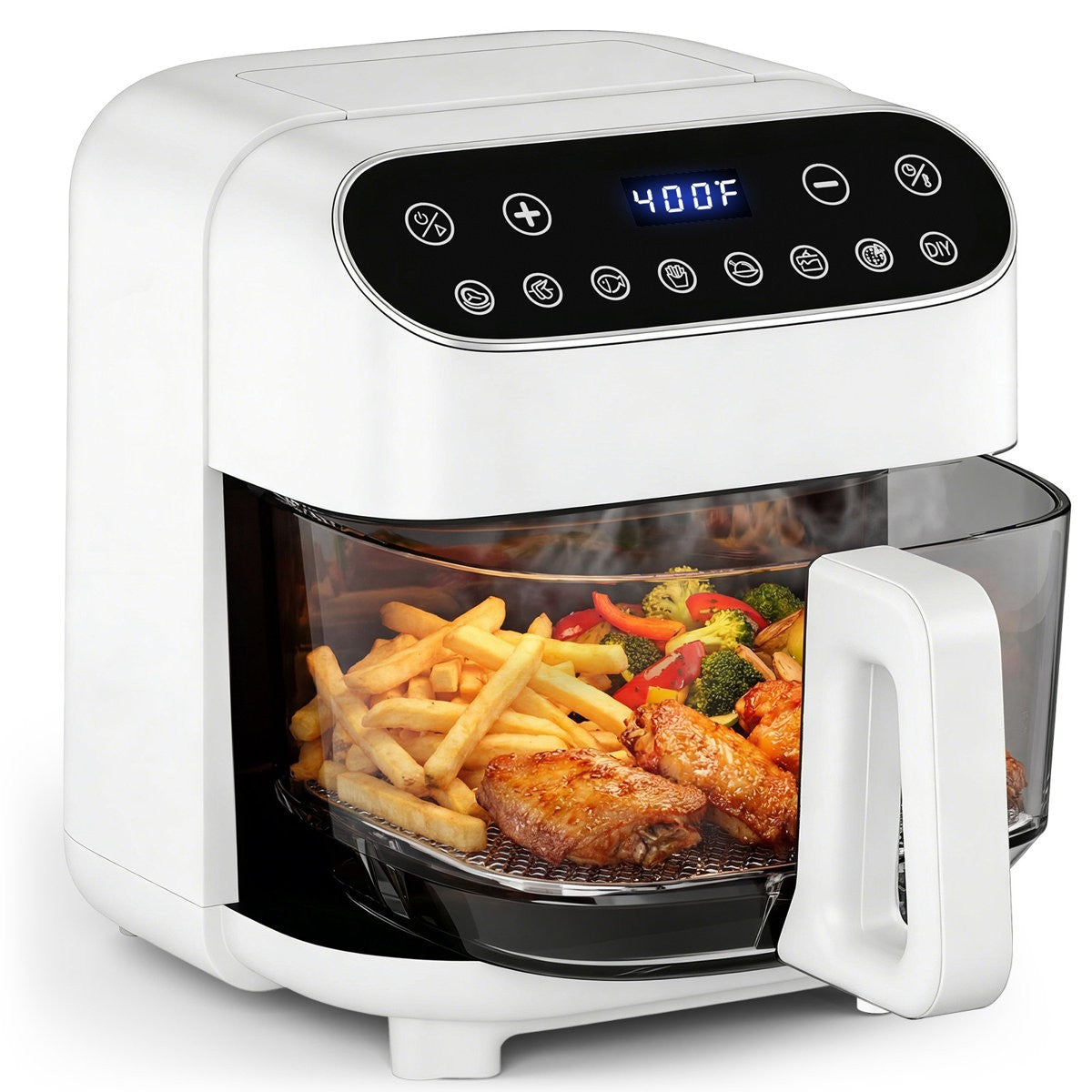 Kismile 4.5QT Glass Air Fryer, Panoramic View, Touchscreen, PFSA-Free, Dishwasher Safe, 304 Steel Rack, White