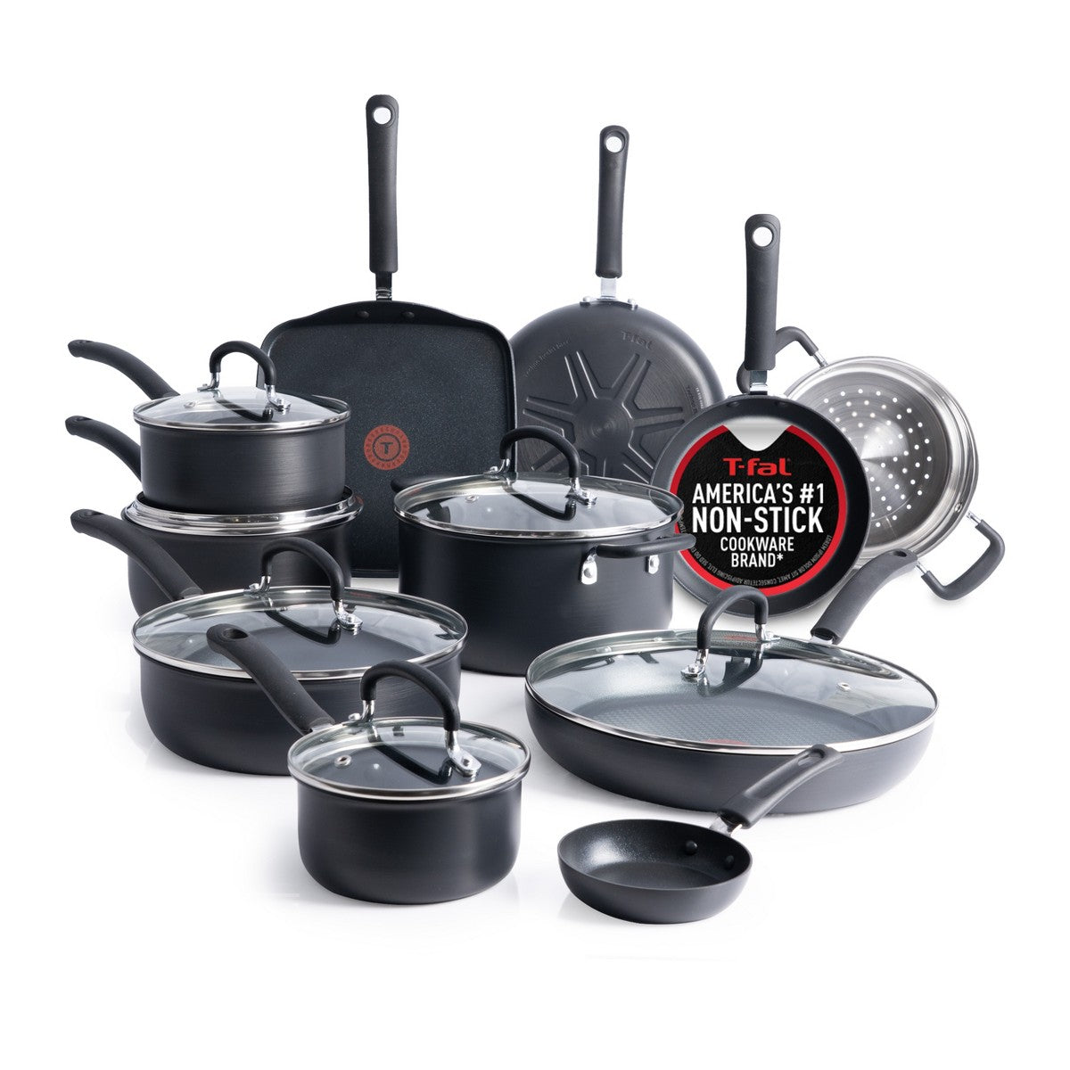 T-fal 17pc Nonstick Cookware Set, Hard Anodized, Black