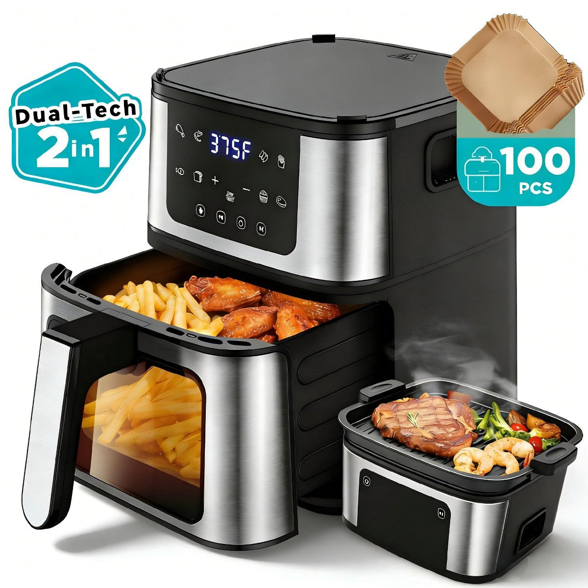 8-in-1 Air Fryer+ Grill Plate 7.5 Qt, Premium Ceramic Coating, 160°–400°F, Precise Heating for Even Result, 120V, Black