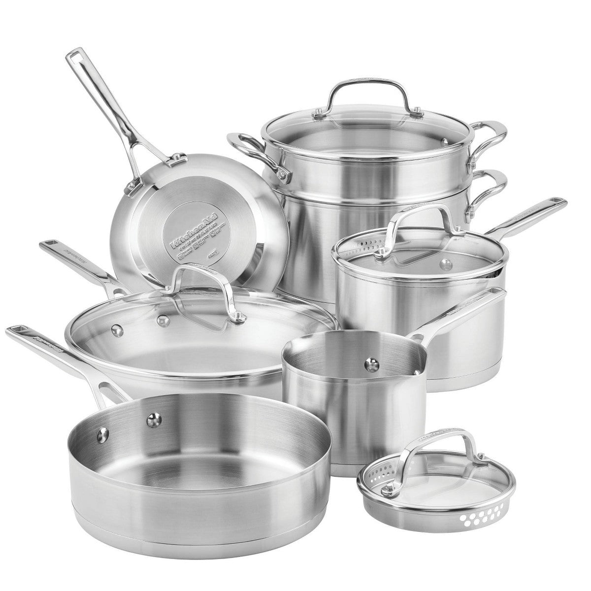 KitchenAid 3-Ply Base Stainless Steel 11pc Cookware Set: Induction Safe, Even-Heating, Tempered Glass Lids, Dishwasher Safe