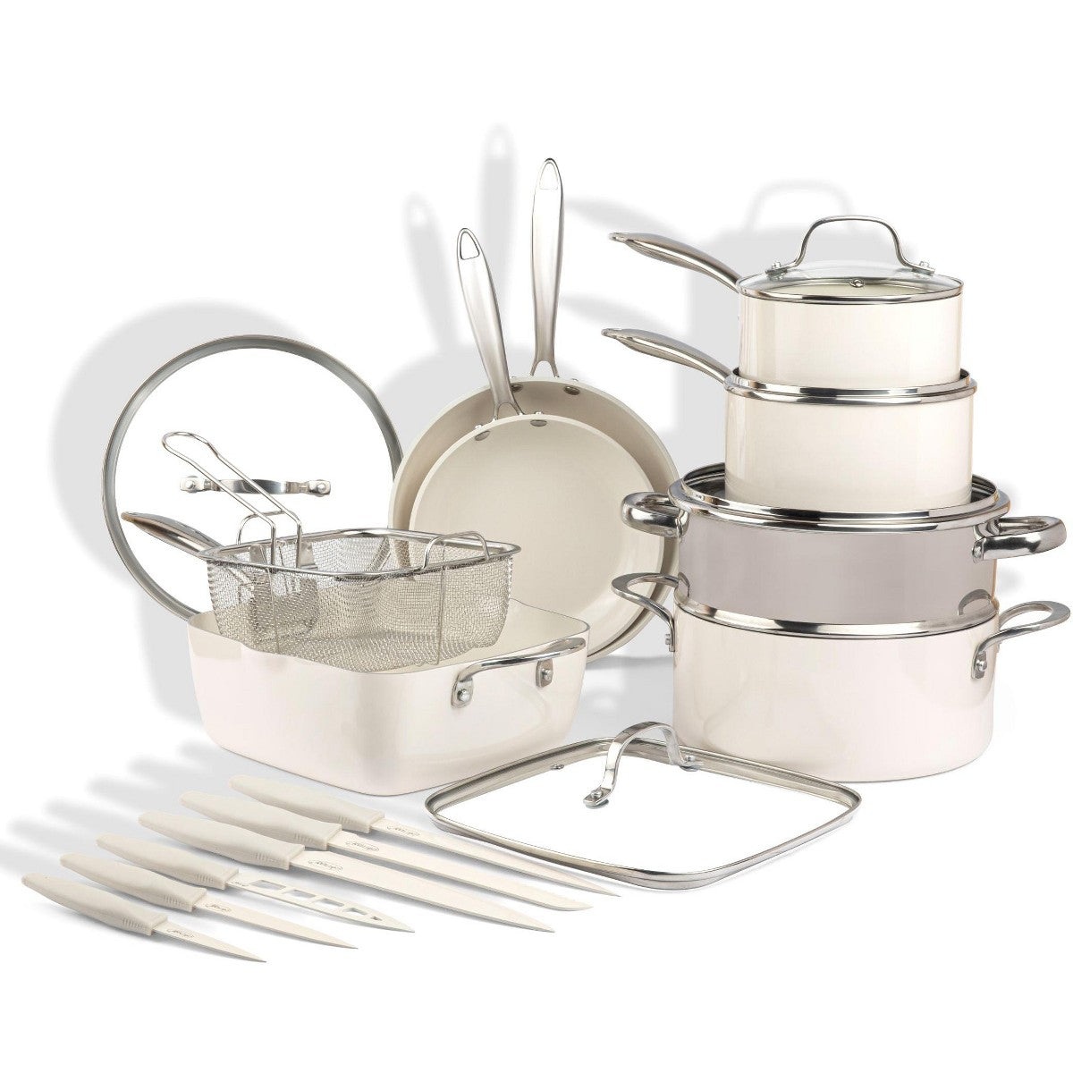 Gotham Steel Cream 20 Pc Cookware Set and Nutriblade Knife Set