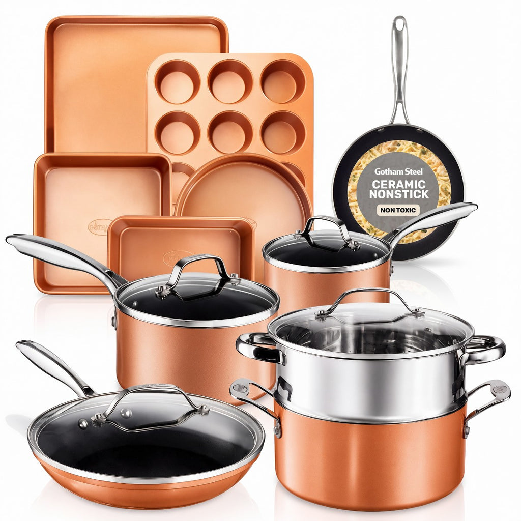 Gotham Steel Copper Cast Pots and Pans 15-Piece Ceramic Nonstick Cookware and Bakeware Set, Copper