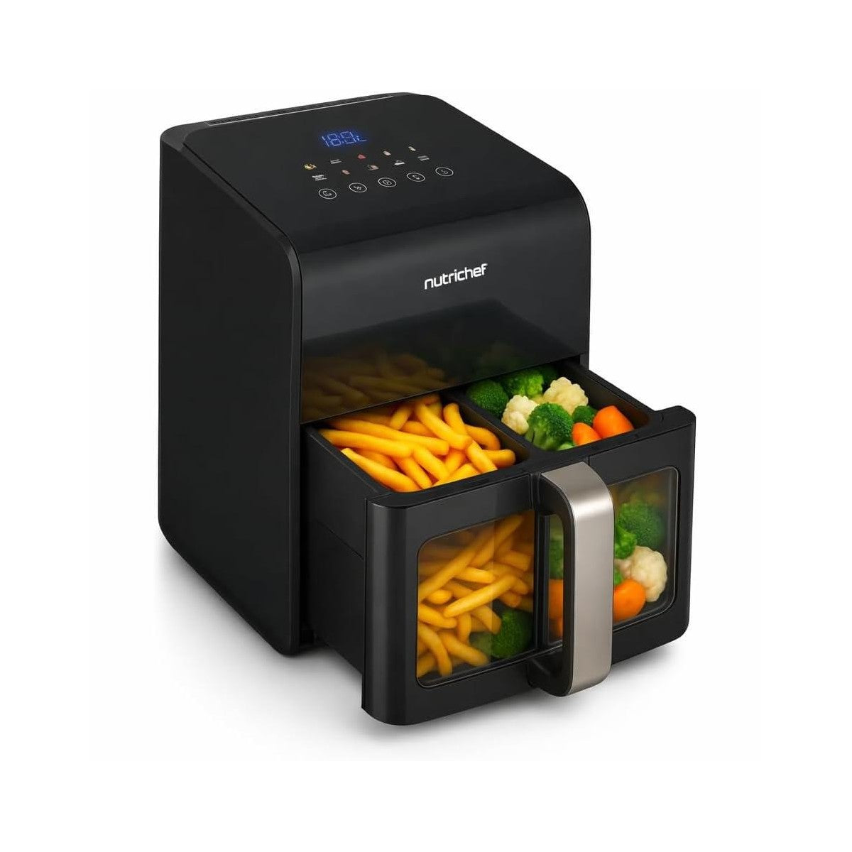 NutriChef 6.3 Qt Electric Air Fryer – 12-in-1 Presets, Digital Display, Viewing Window, Tenderizing Function, Large Capacity, Black