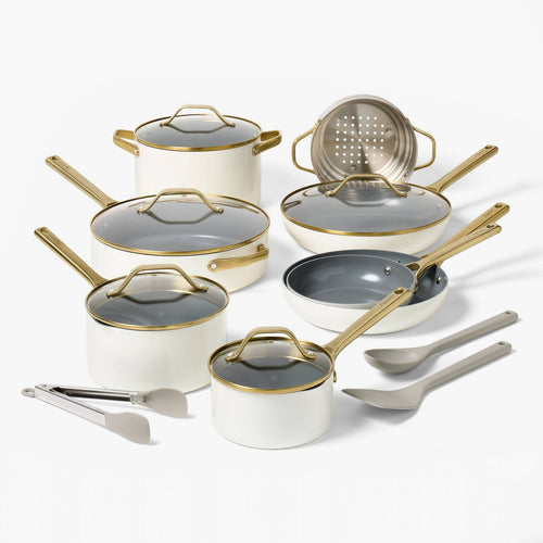 16pc Nonstick Ceramic Coated Aluminum Cookware Set with Champagne Handle Cream - Figmint™