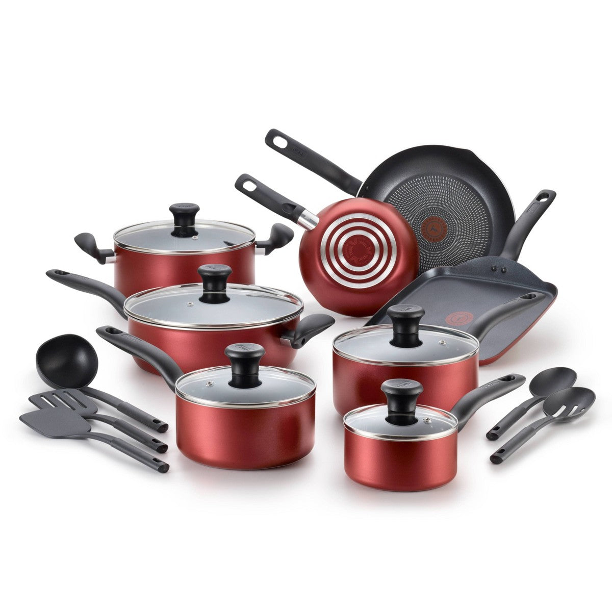 T-fal 18pc Initiatives Nonstick Cookware Set Red: Tempered Glass Lids, Stay-Cool Handles, Dishwasher & Oven Safe