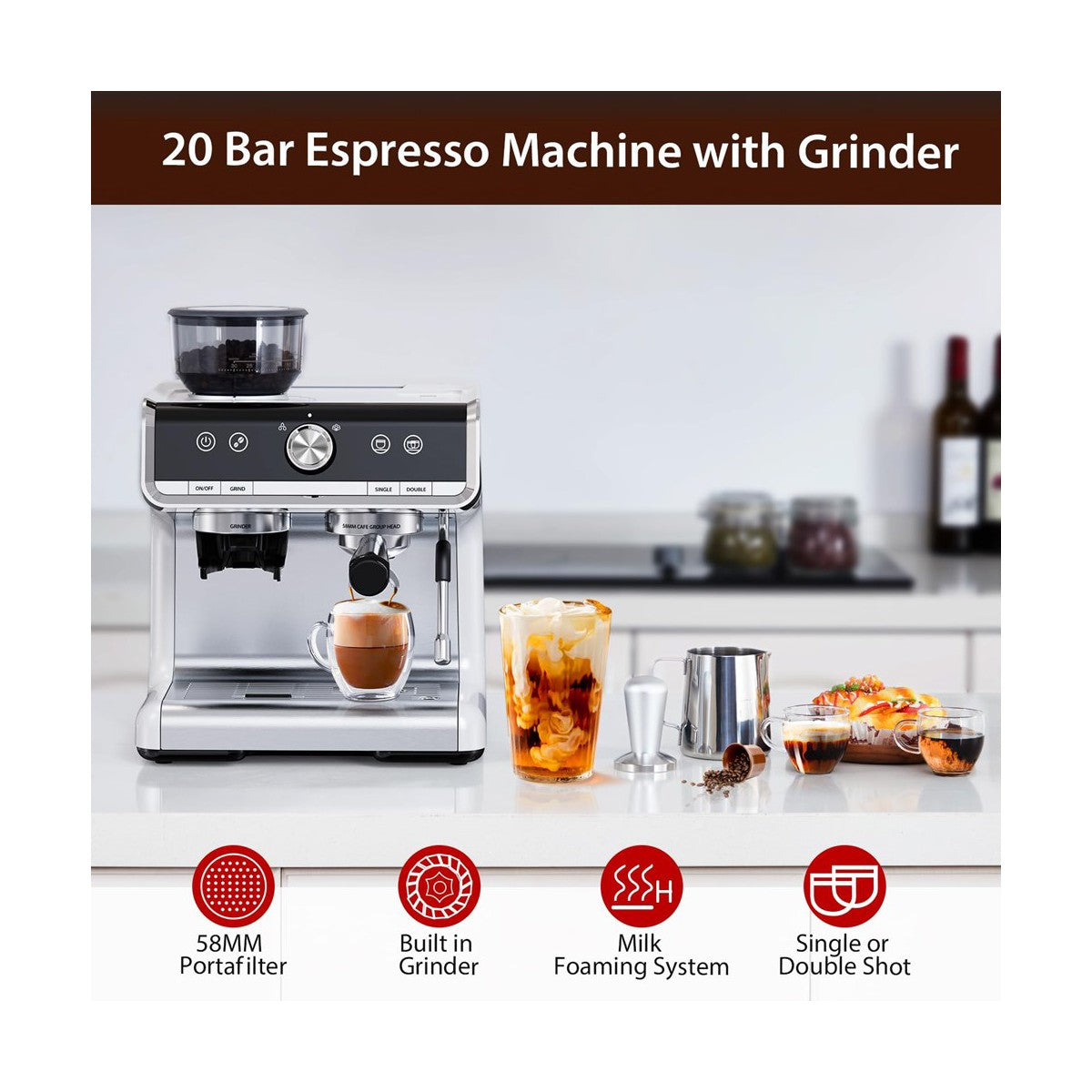 Espresso Machine with Grinder, Milk Frother Wand, 1450W, 20 Bar Professional Espresso Maker with Barista Kit - Additional view