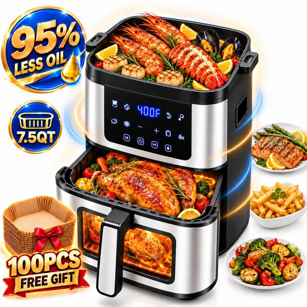 Clearance - 7.5QT Air Fryer with Grill, 8-in-1 Digital Cooking, Touch Screen, Viewing Window, Nonstick Basket, Interior Light, 100 Liners Included