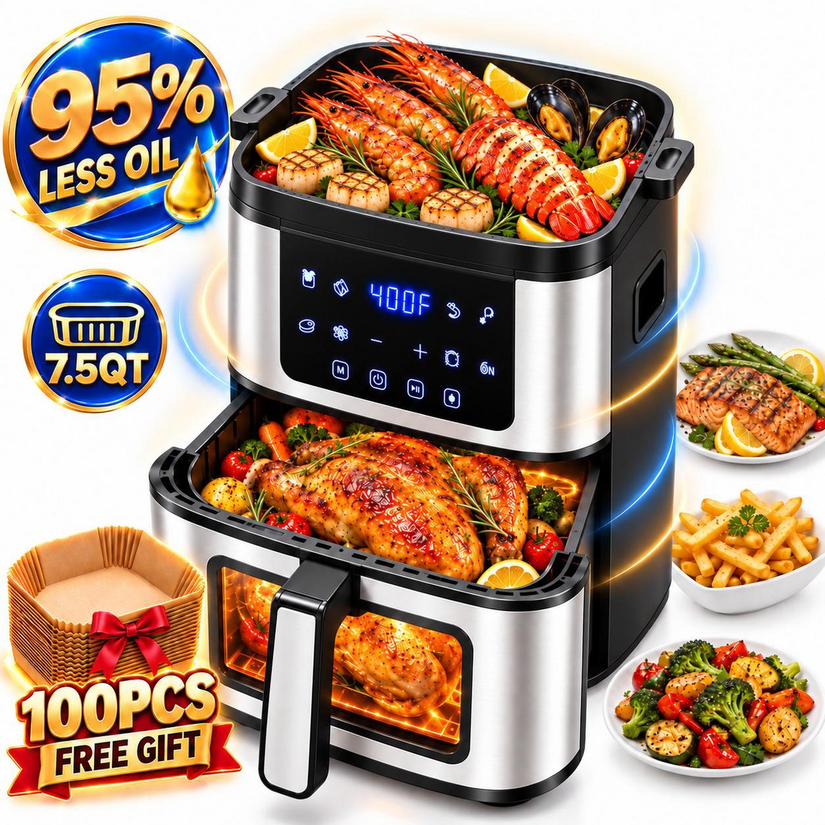 Clearance - 7.5QT Air Fryer with Grill, 8-in-1 Digital Cooking, Touch Screen, Viewing Window, Nonstick Basket, Interior Light, 100 Liners Included