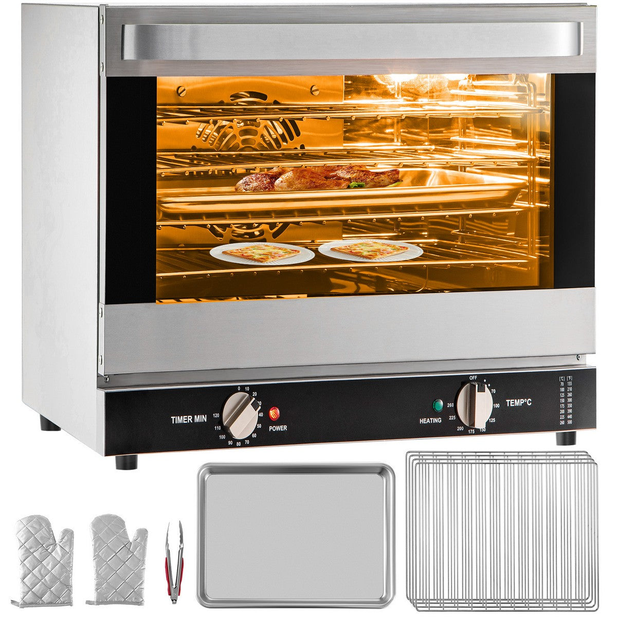 VEVOR Commercial Convection Oven, 66L/60Qt, Half-Size Conventional Oven Countertop, 1800W 4-Tier Toaster with Front Glass Door, 120V, Silver