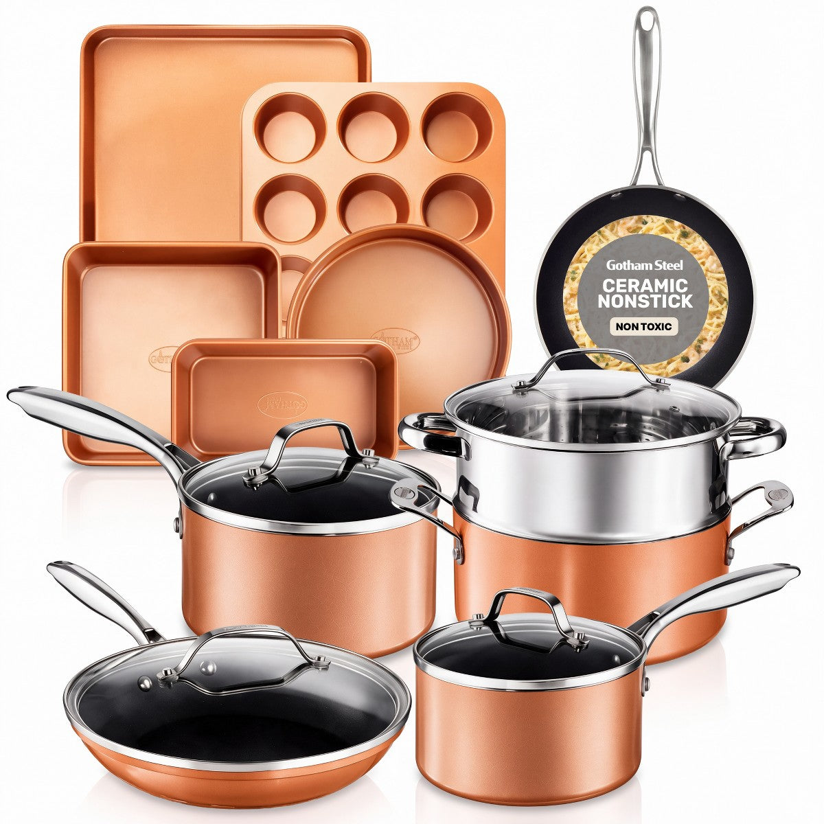 Gotham Steel Copper Cast Pots and Pans 15-Piece Ceramic Nonstick Cookware and Bakeware Set, Copper - Additional view