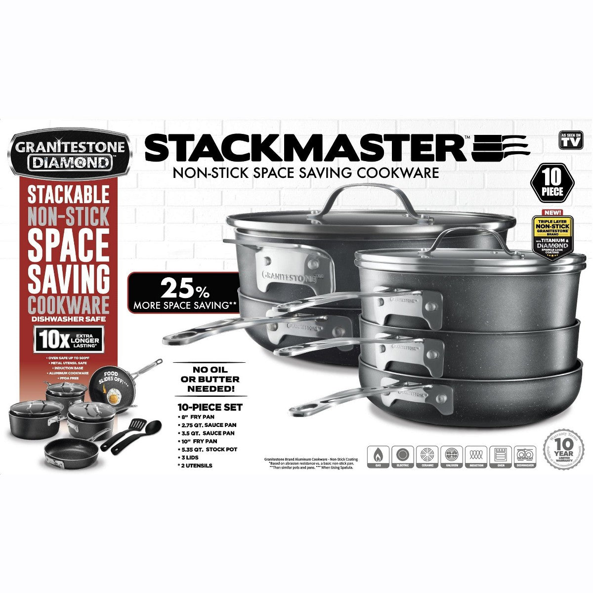 Granitestone Stackmaster 10-Piece Nonstick Cookware Set, Stackable Pots and Pans, Induction, Dishwasher Safe, Black