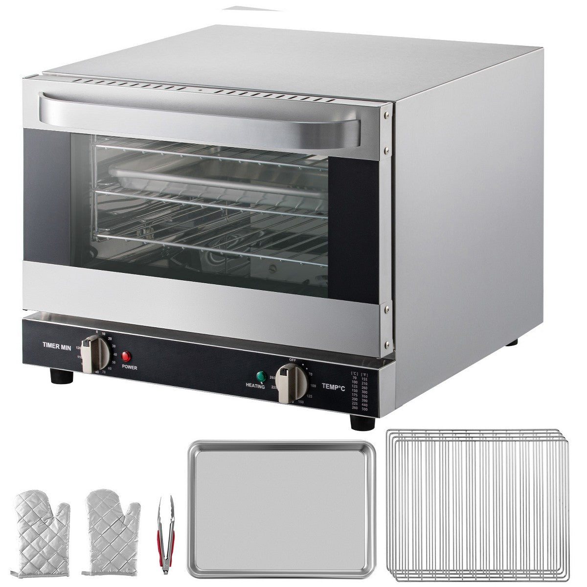 VEVOR Commercial Convection Oven, 21L/19Qt, Quarter-Size Conventional Oven Countertop, 1440W 3-Tier Toaster with Front Glass Door, 120V, Silver