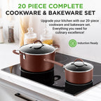 NutriChef 20-Pc. Nonstick Kitchen PTFE/PFOA/PFOS-Free Heat Resistant Silicone Handles Cookware Bakeware Set w/Saucepan, Brown - Additional view