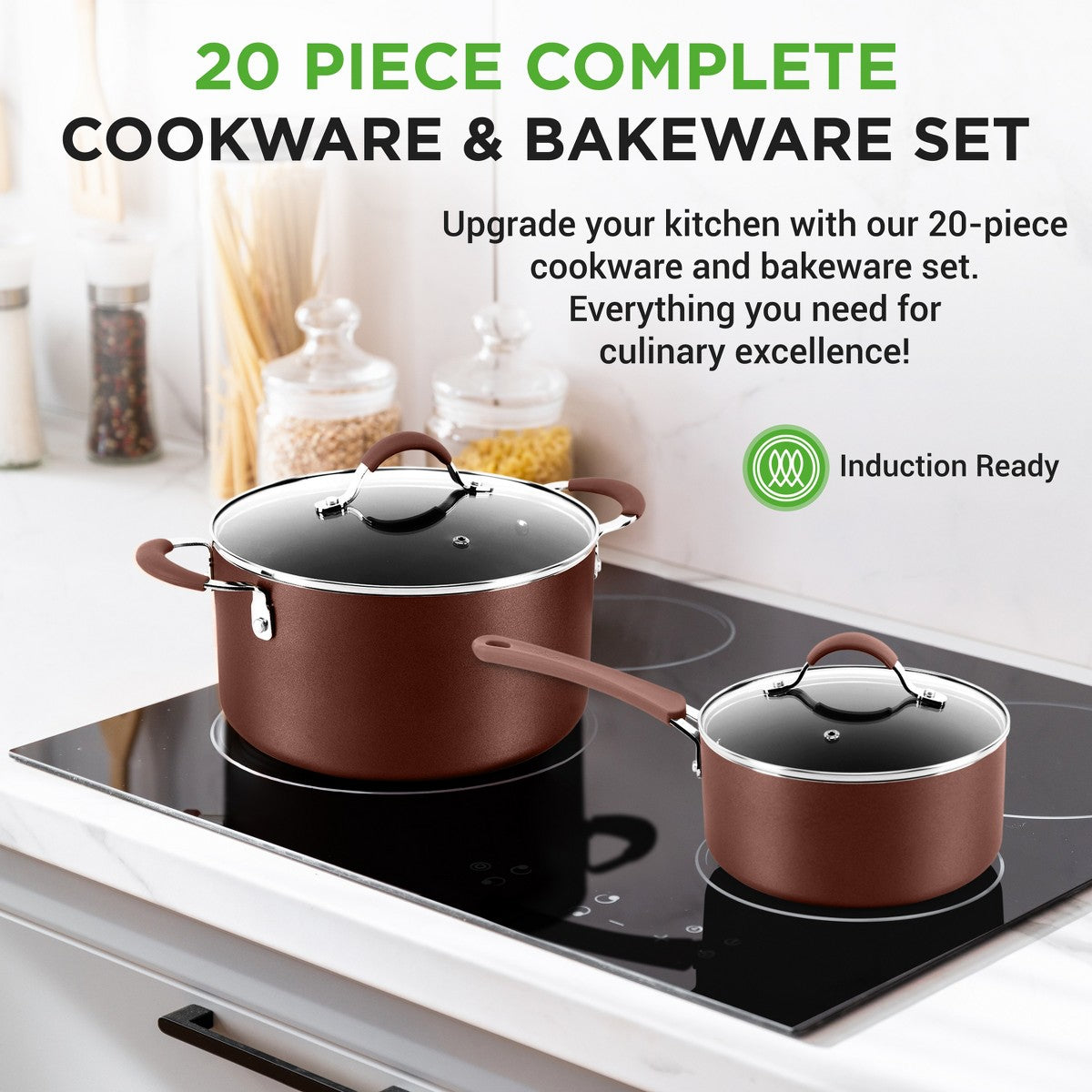 NutriChef 20-Pc. Nonstick Kitchen PTFE/PFOA/PFOS-Free Heat Resistant Silicone Handles Cookware Bakeware Set w/Saucepan, Brown - Additional view