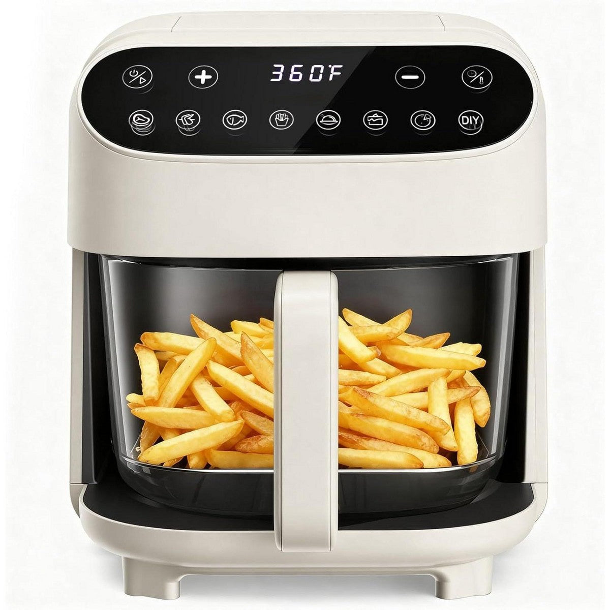 4.5QT Glass Air Fryer - Non-Toxic PFAS-Free High Borosilicate Glass Basket, 360° View, 8 Smart Presets, Stainless Steel Rack, Dishwasher Safe, White