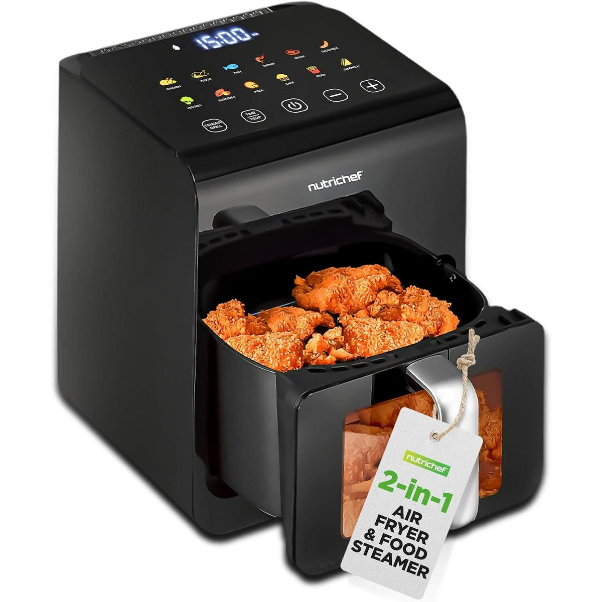 NutriChef 6L Digital Air Fryer with Transparent Window, 12 Preset Programs - Black