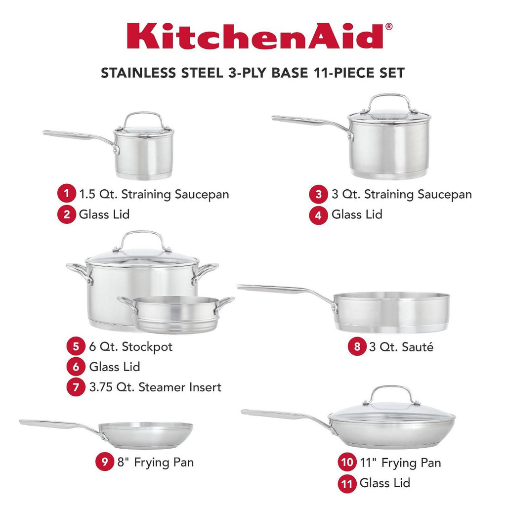 KitchenAid 3-Ply Base Stainless Steel 11pc Cookware Set: Induction Safe, Even-Heating, Tempered Glass Lids, Dishwasher Safe - Additional view