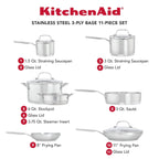 KitchenAid 3-Ply Base Stainless Steel 11pc Cookware Set: Induction Safe, Even-Heating, Tempered Glass Lids, Dishwasher Safe - Additional view