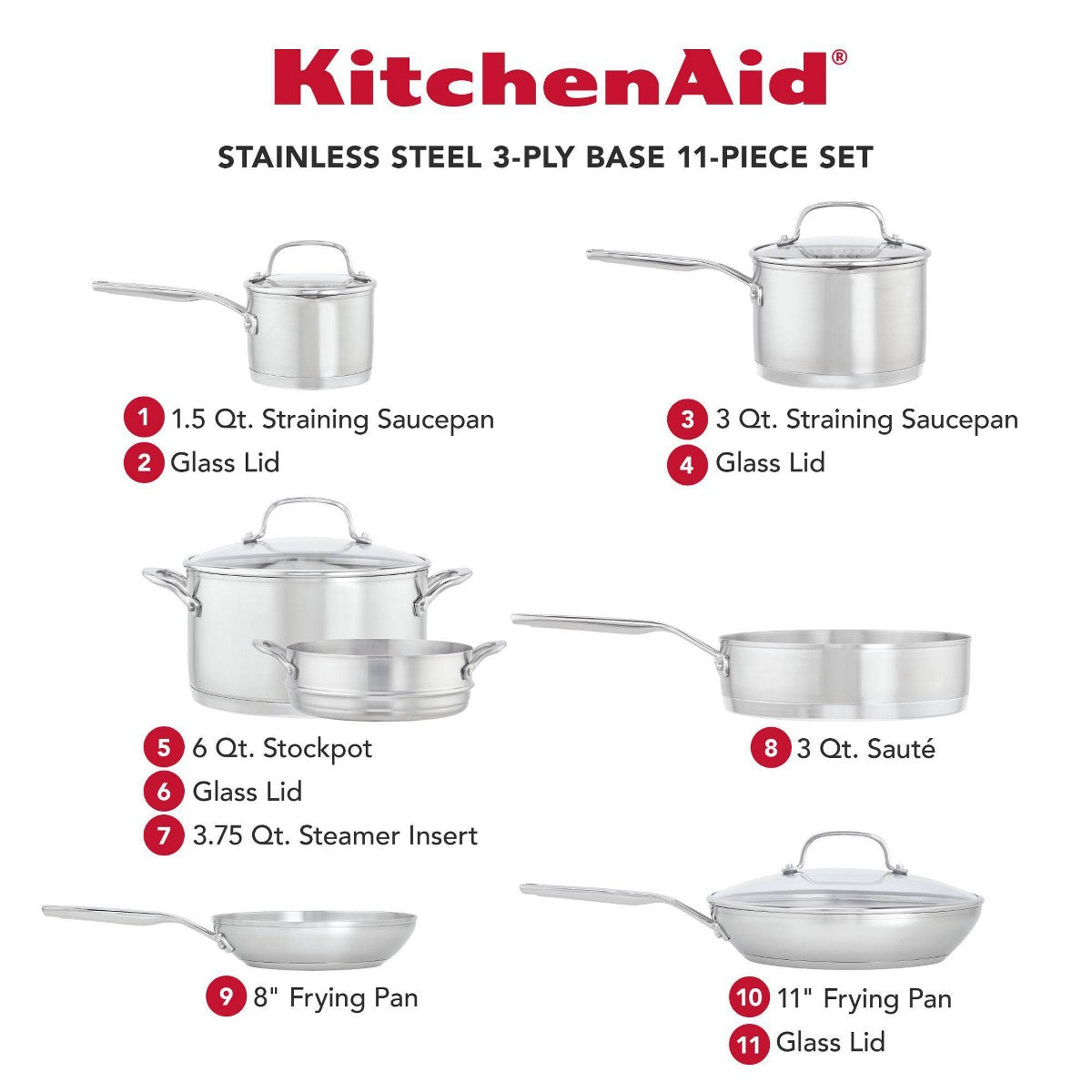 KitchenAid 3-Ply Base Stainless Steel 11pc Cookware Set: Induction Safe, Even-Heating, Tempered Glass Lids, Dishwasher Safe - Additional view