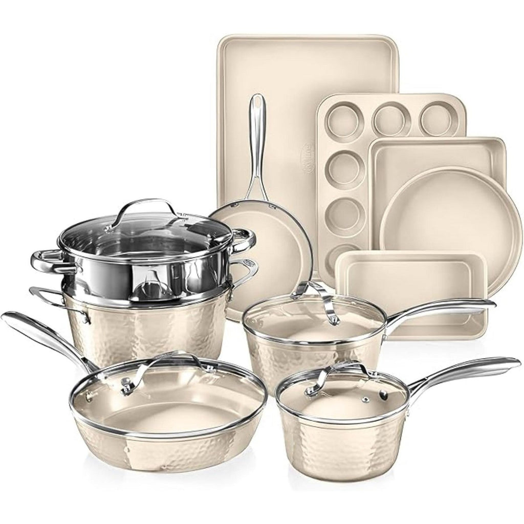 Gotham Steel Hammered Cream 15 Pc Nonstick Pots and Pans Cookware and Bakeware Set