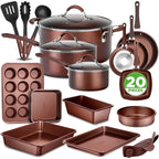 NutriChef 20-Piece Non-Stick Kitchen Cookware Set - Complete Home Kitchen Cookware Set (Brown)