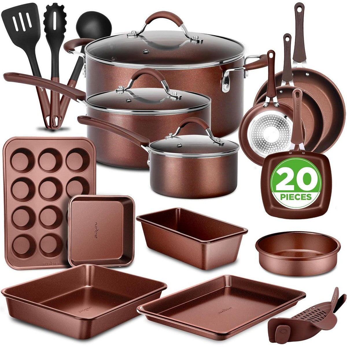 NutriChef 20-Piece Non-Stick Kitchen Cookware Set - Complete Home Kitchen Cookware Set (Brown)
