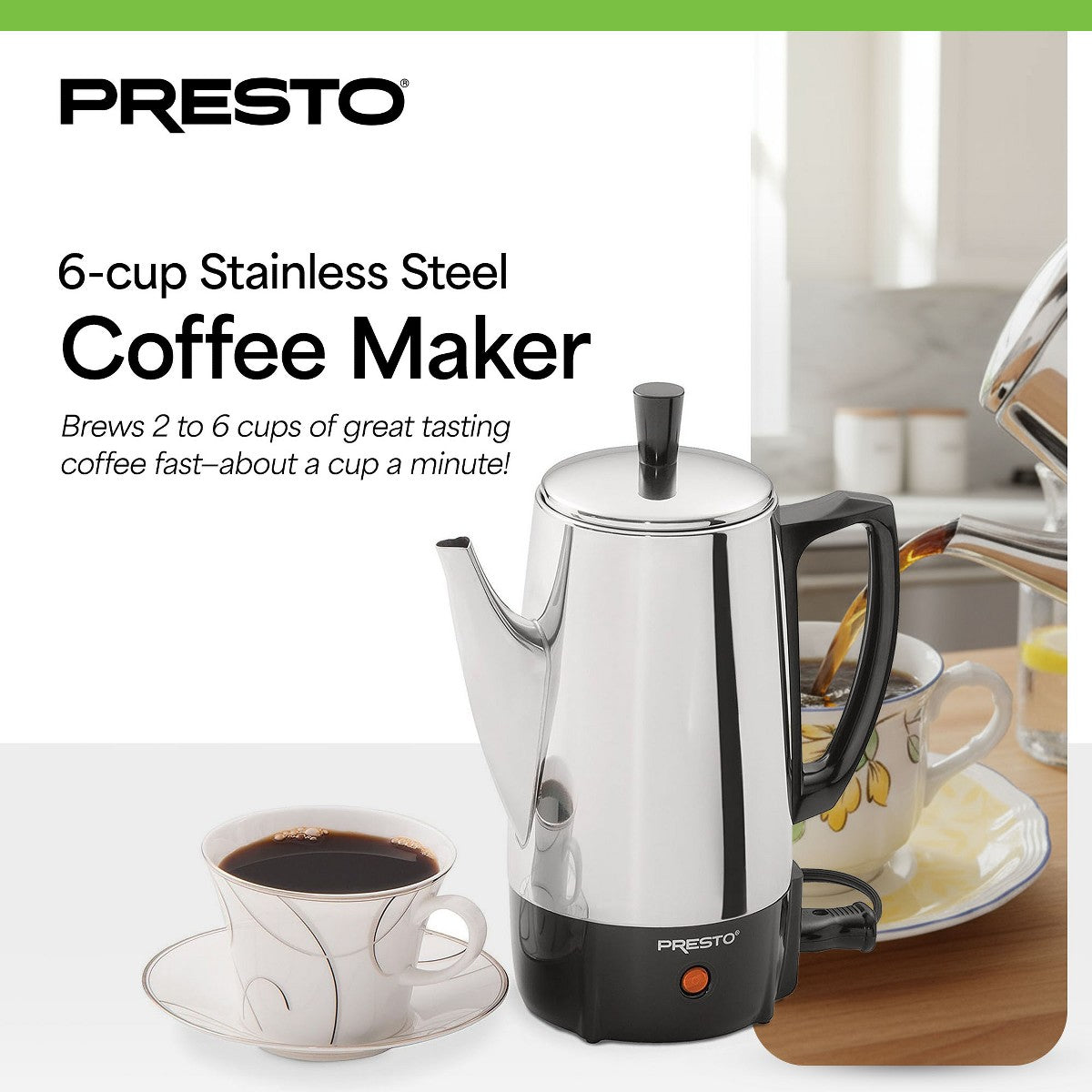 Presto 02822 Stainless Steel Coffee Maker, Classic Percolator, Easy Pour, Silver - Additional view