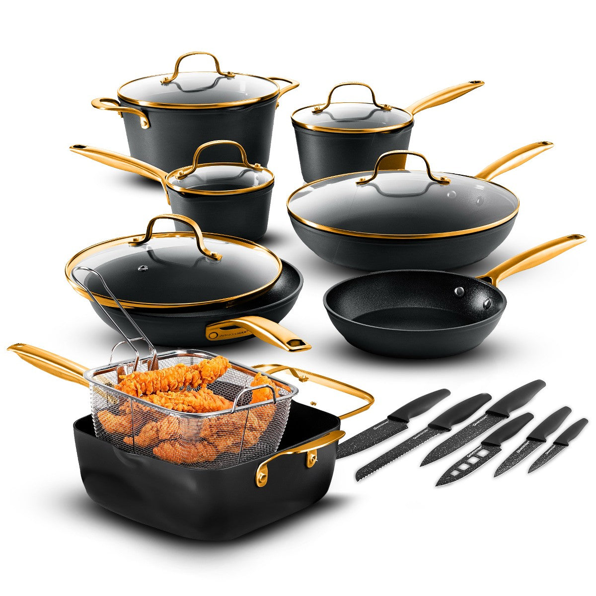 Granitestone Armor Max Gold 20 Pc Nonstick Hard Anodized Cookware set with Knife Set