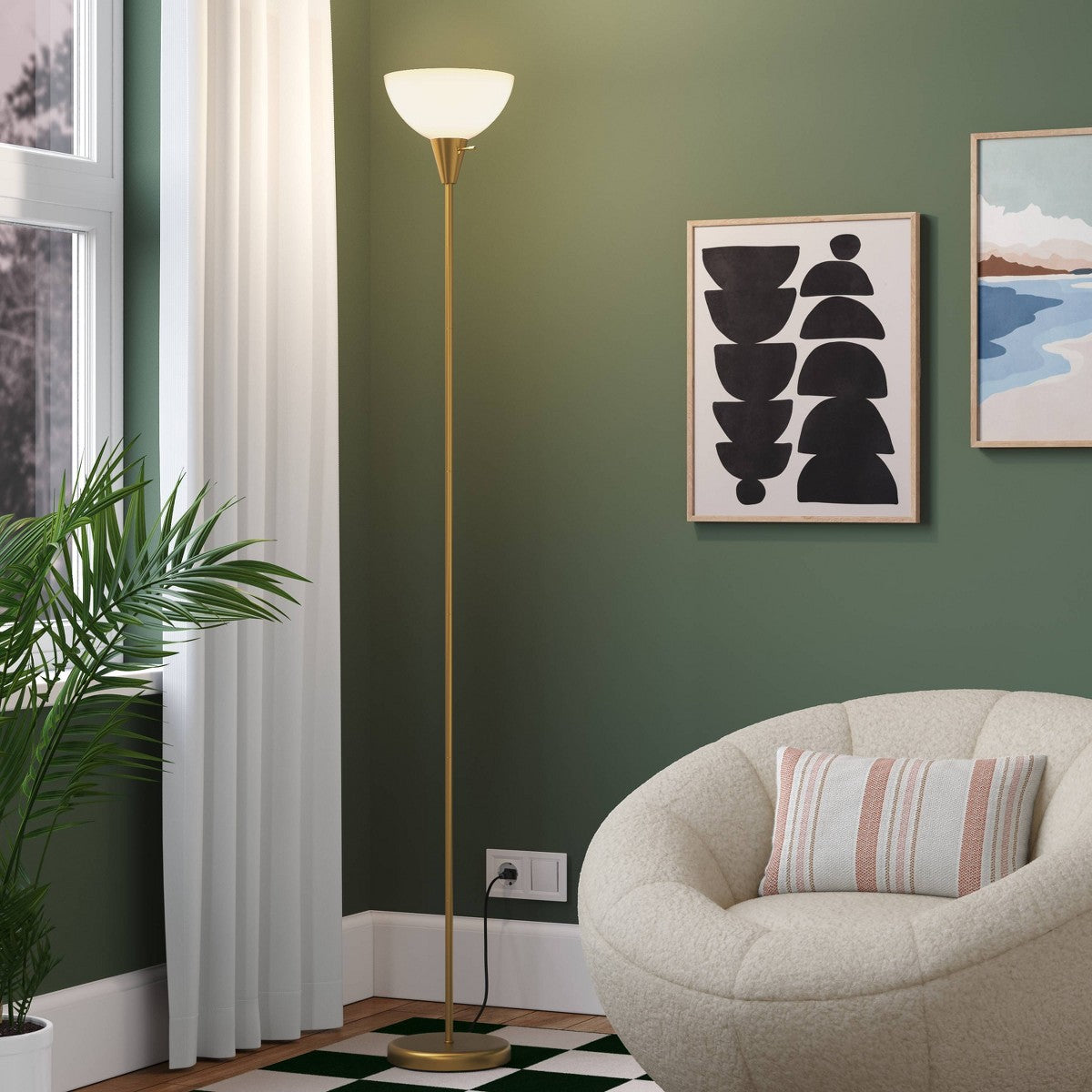 Torchiere Brass Floor Lamp - Room Essentials™: Modern Standing Light, Painted Metal with Plastic Shade