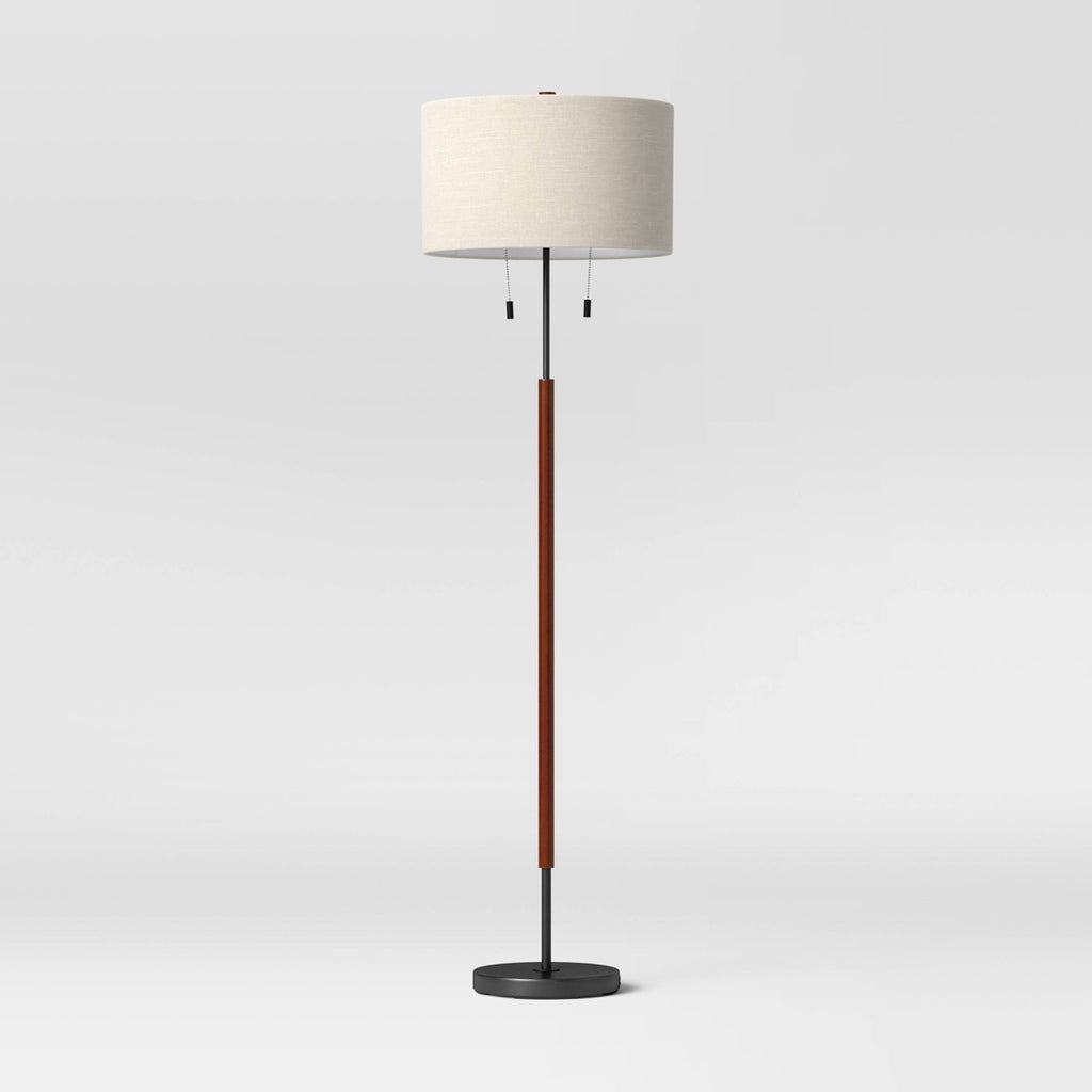 60.5"x18" Cut Off Base Floor Lamp Black/Brown Metal/Wood - Threshold™: Modern Standing Light for Living Room, Dual Pull Chain - Additional view