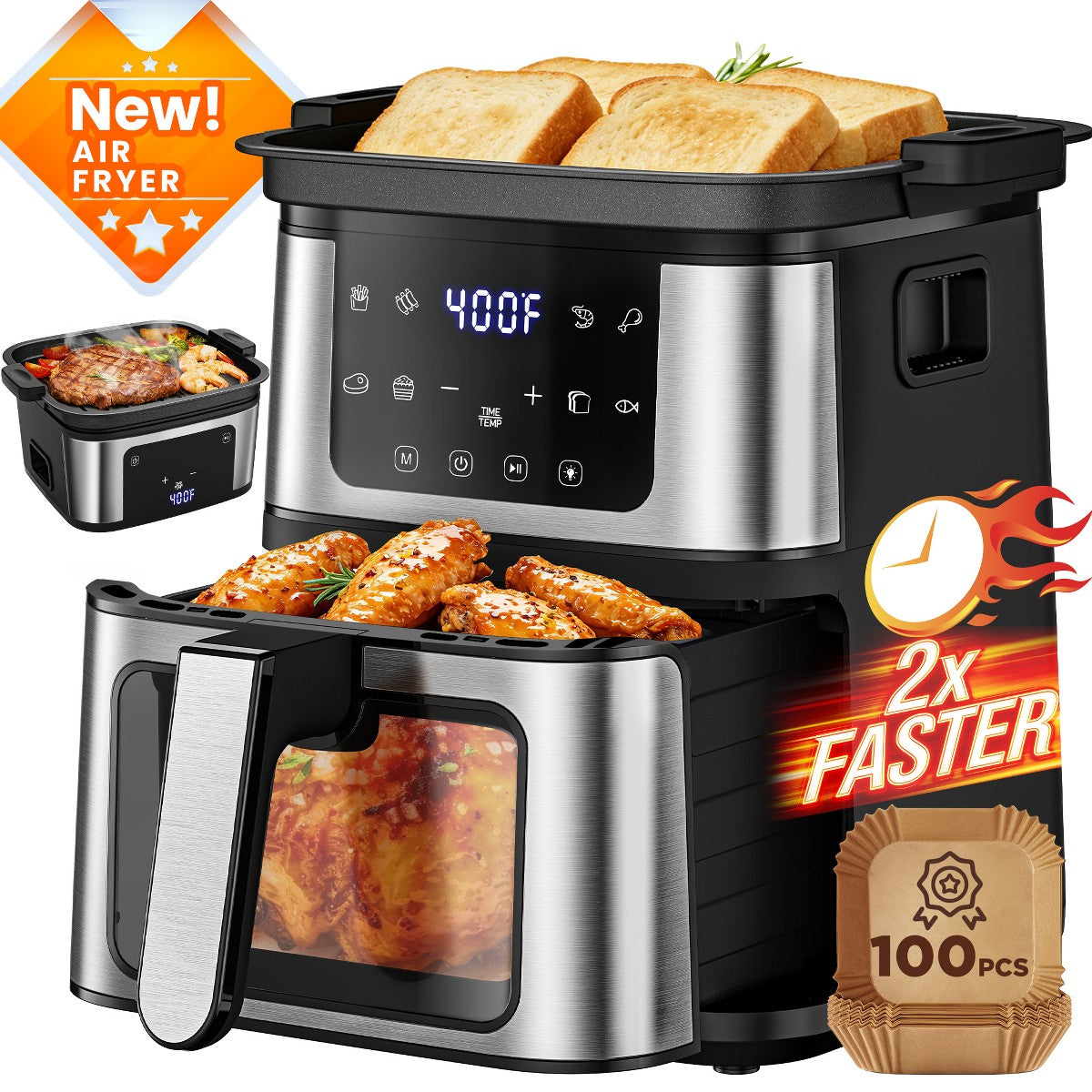 Air Fryer Oven 8 Preset Cookings, Portable Air Fryer w/ Large 7.5 QT, Touch Screen, Dishwasher-Safe W/100 Pcs Liners