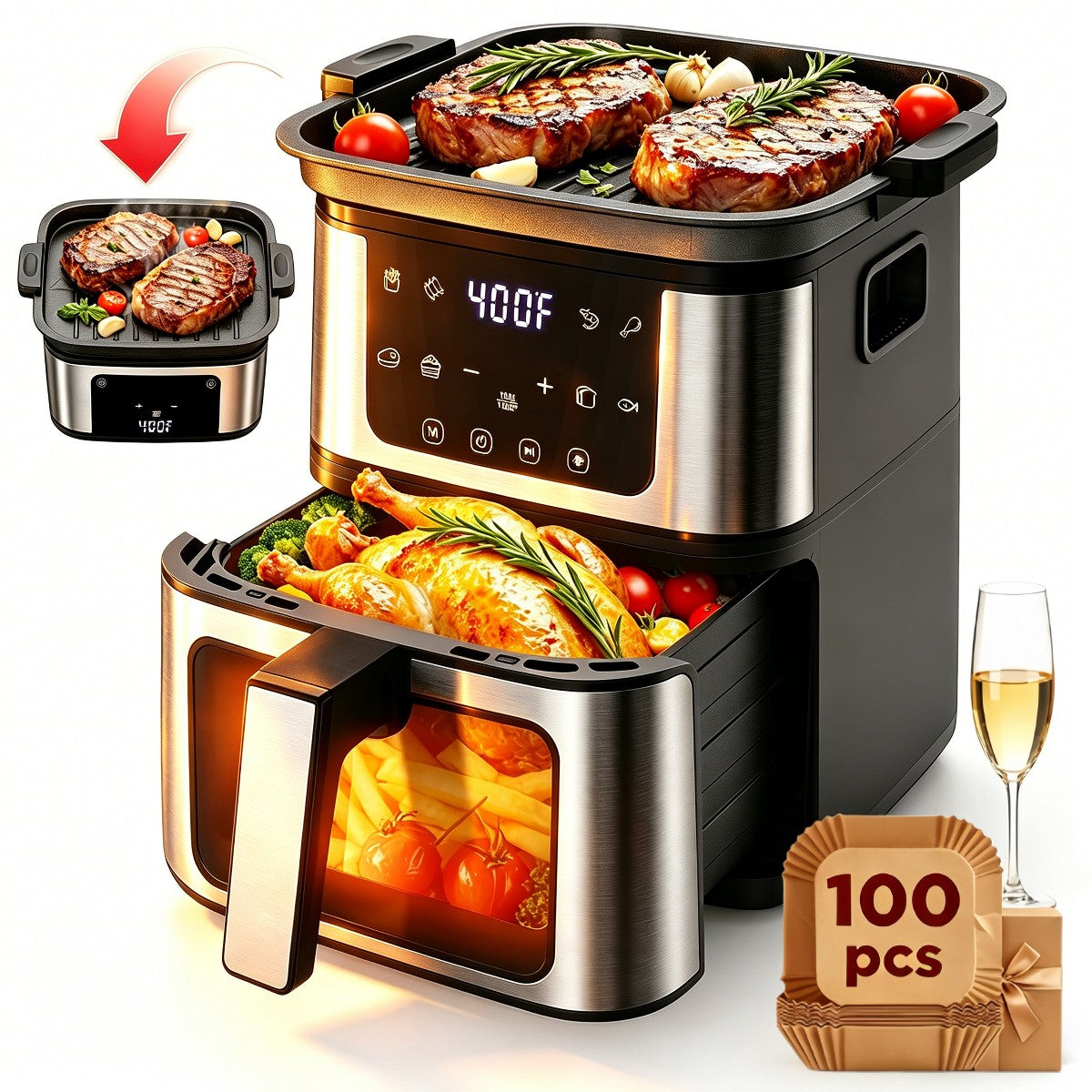 Air Fryer Oven, 7.5Qt Family Size Air Fryer with Visible Window & Light, Digital LED Touch Screen,8 Preset Cookings, Nonstick Easy Clean Basket
