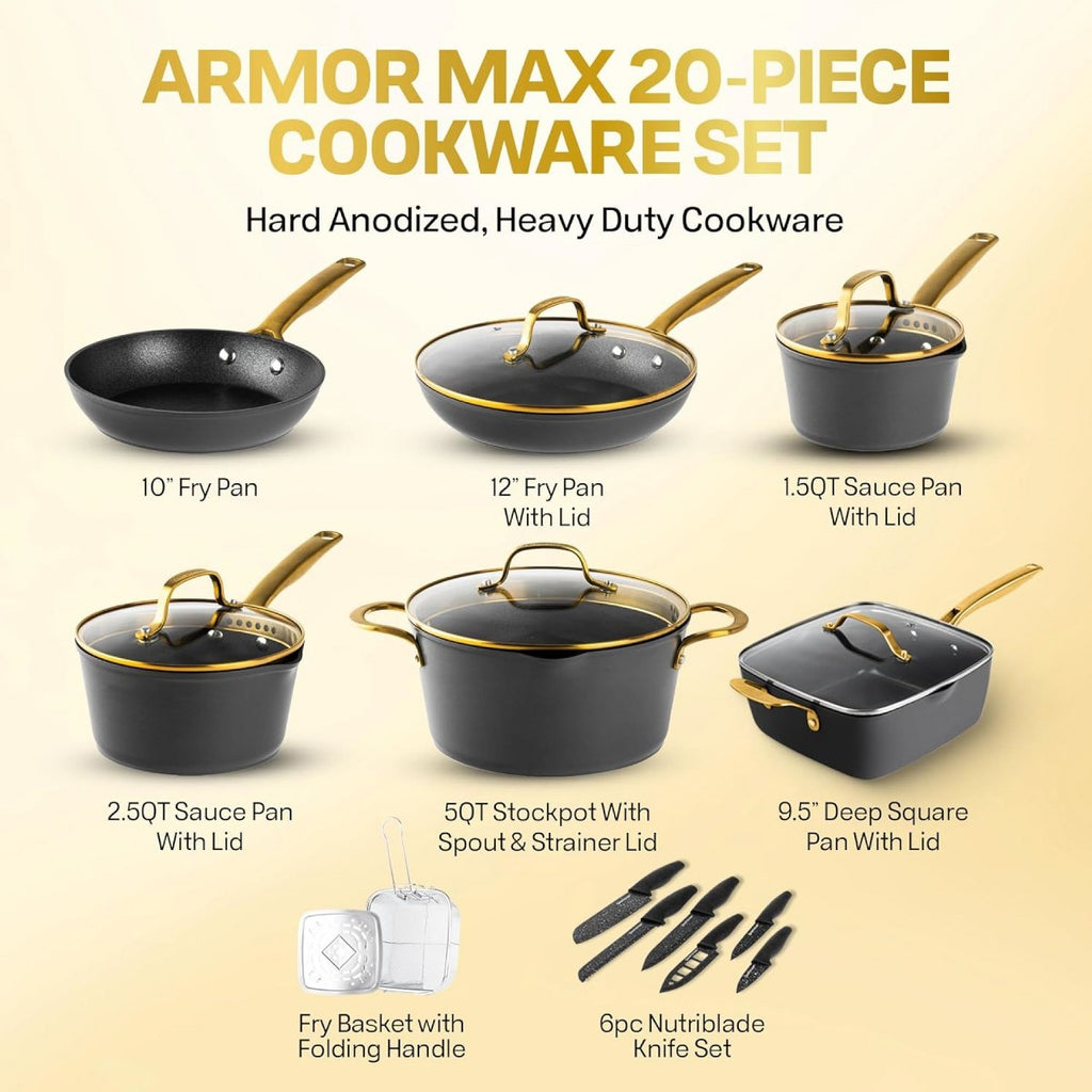 Granitestone Armor Max Gold 20 Pc Nonstick Hard Anodized Cookware set with Knife Set - Additional view