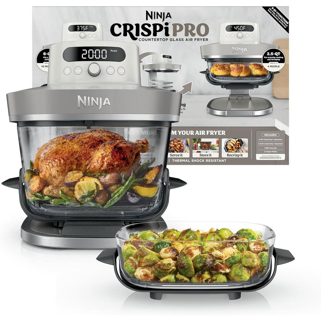 Factory Refurbished Ninja Crispi Pro 6-in-1 Glass Air Fryer Non Toxic 6qt & 2.5qt Containers & Lids Microwave, Freezer, 450°F Max Temp - Bone