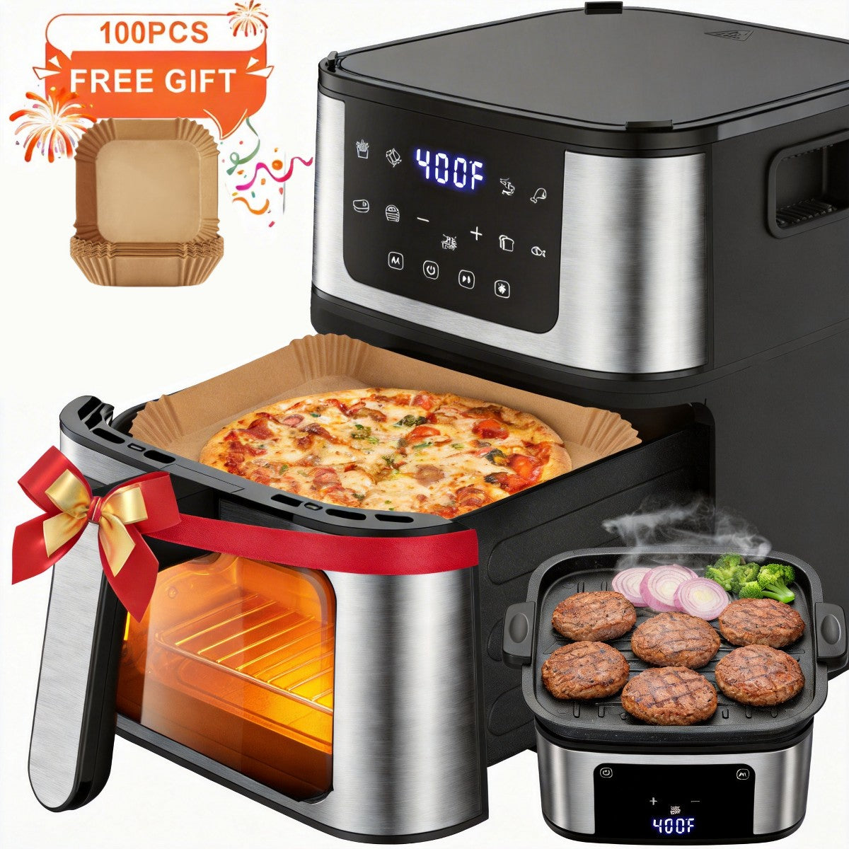 7.5Qt Multifunction Air Fryer w/ Digital LED Touch Screen, Steak Searing, 8 Preset Cookings, Dishwasher-Safe Basket, Includes 100 Liners