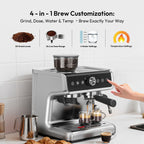 EUHOMY Espresso Machine with Grinder, 15 Bar Coffee Maker with Milk Frother Steamer Wand, Removable Water Tank, Silver - Additional view
